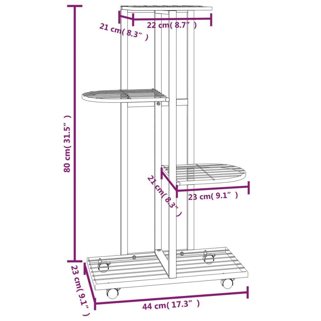 blomsterstativ 4 niveauer med hjul 44x23x80 cm jern sort