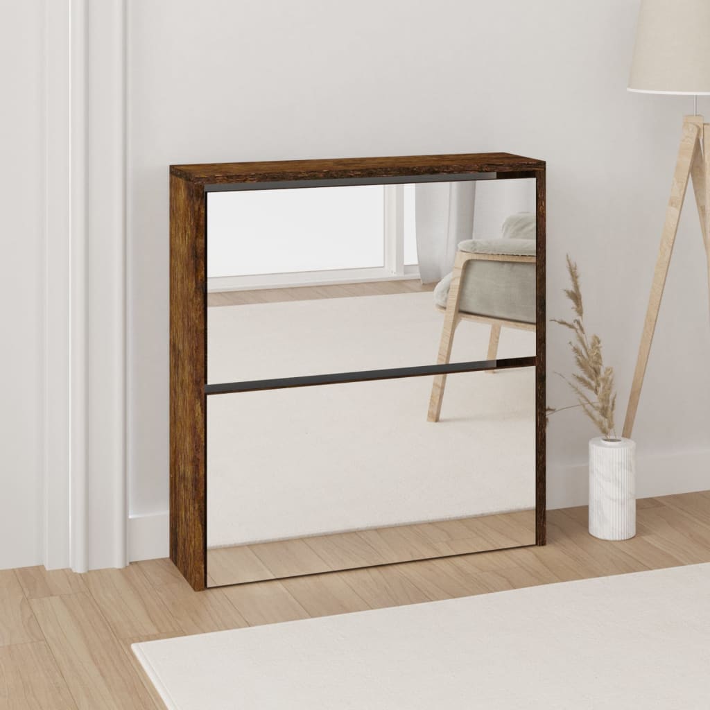 skoskab med spejl 2 hylder 63x17x67 cm røget egetræ