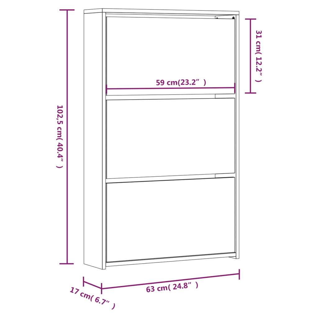 skoskab med spejl 3 hylder 63x17x102,5 cm hvid højglans