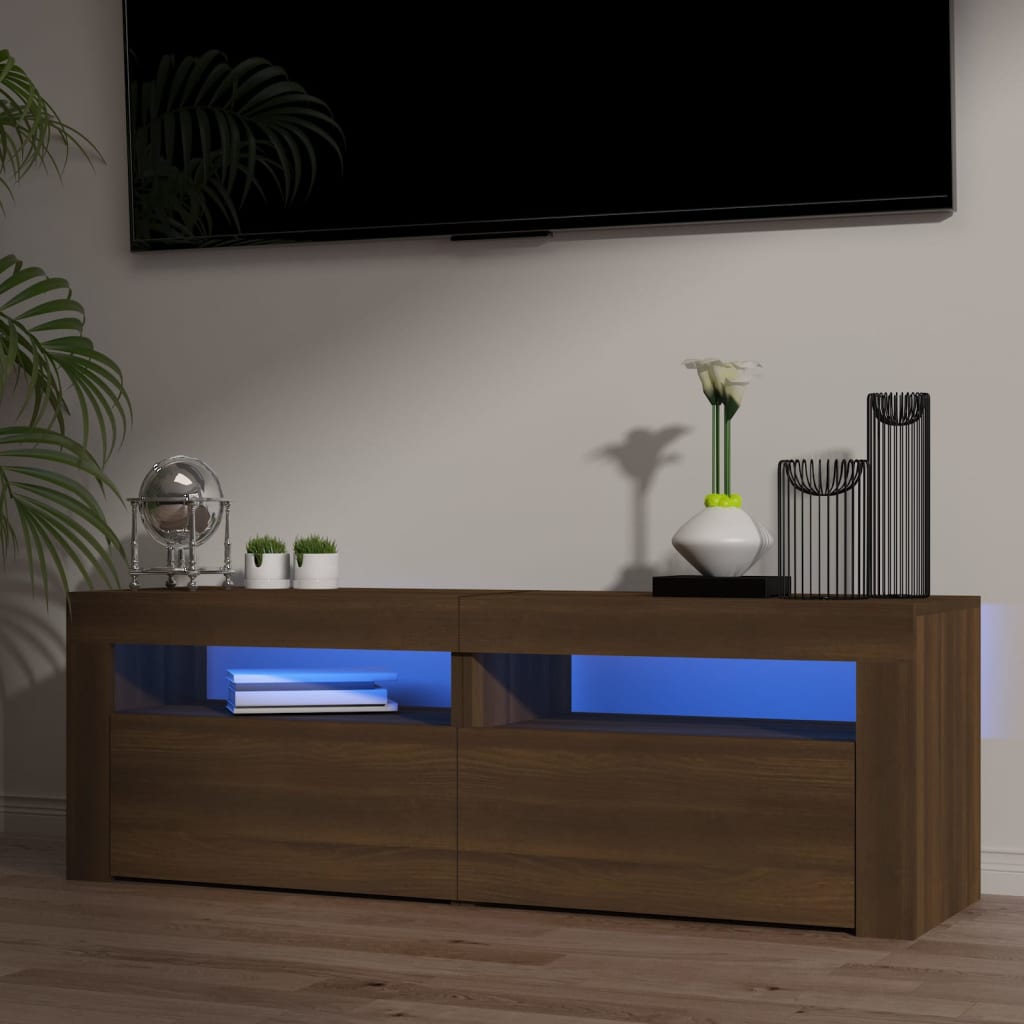 tv-bord med LED-lys 120x35x40 cm brun egetræsfarve