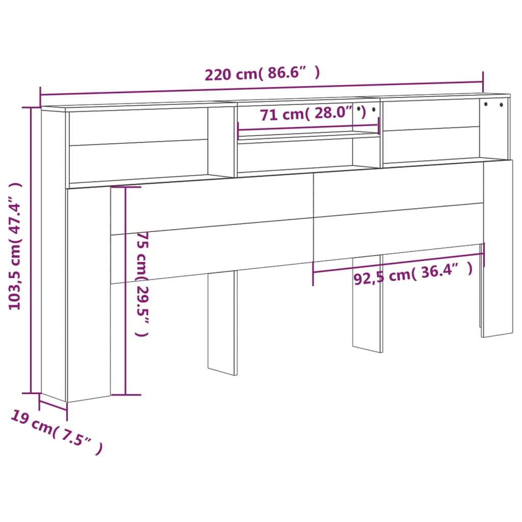 sengegavl med opbevaring 220x19x103,5 cm hvid og sonoma-eg