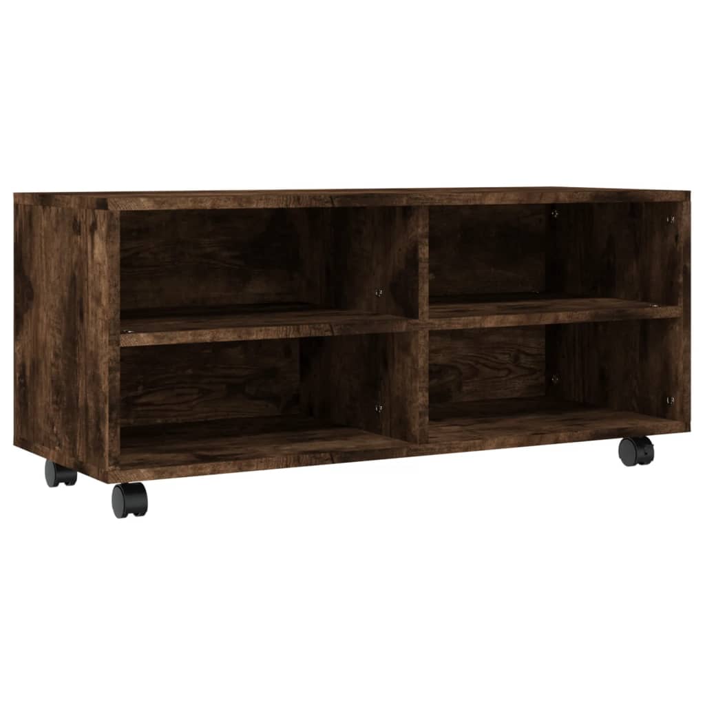 tv-bord med hjul 90x35x35 cm konstrueret træ røget egetræ