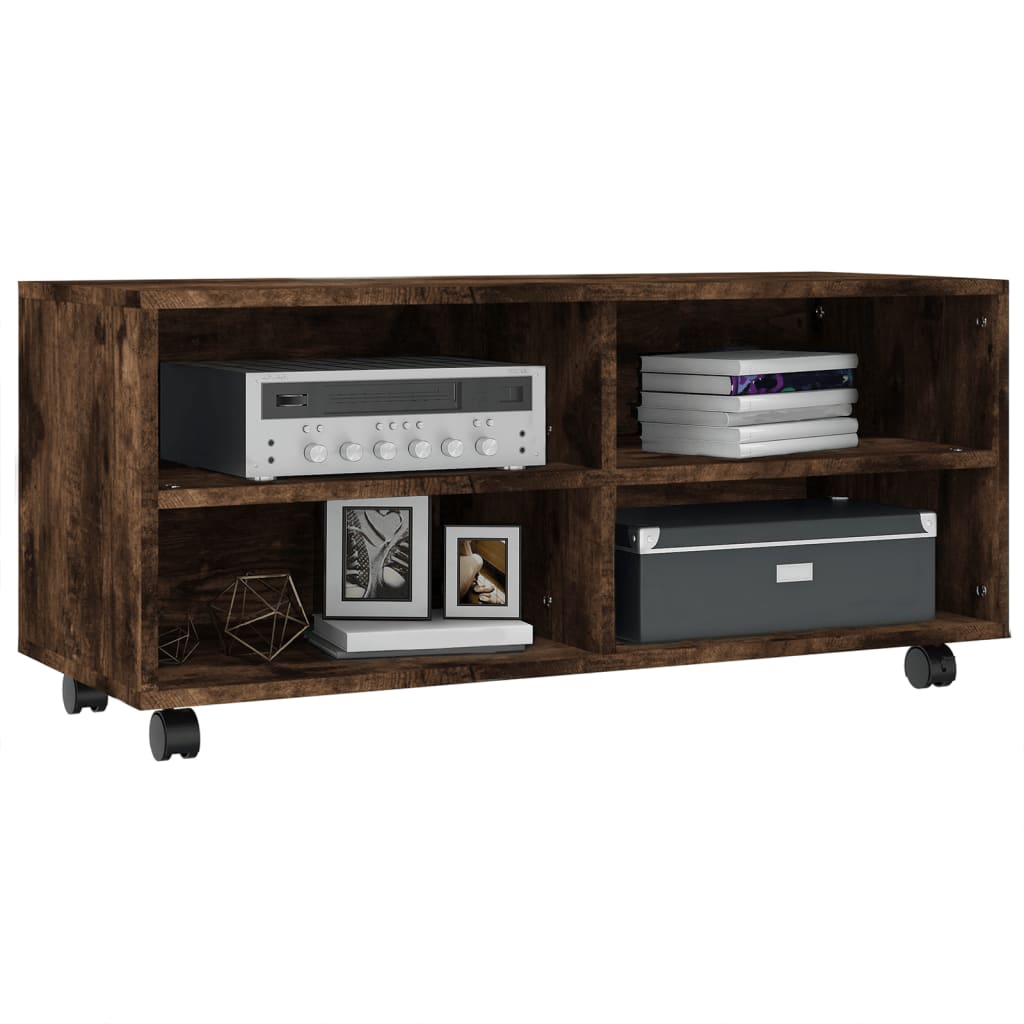 tv-bord med hjul 90x35x35 cm konstrueret træ røget egetræ
