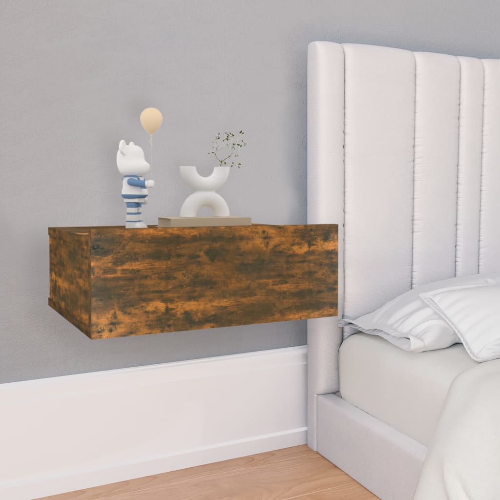væghængt natbord 40x30x15 cm konstrueret træ røget egetræ