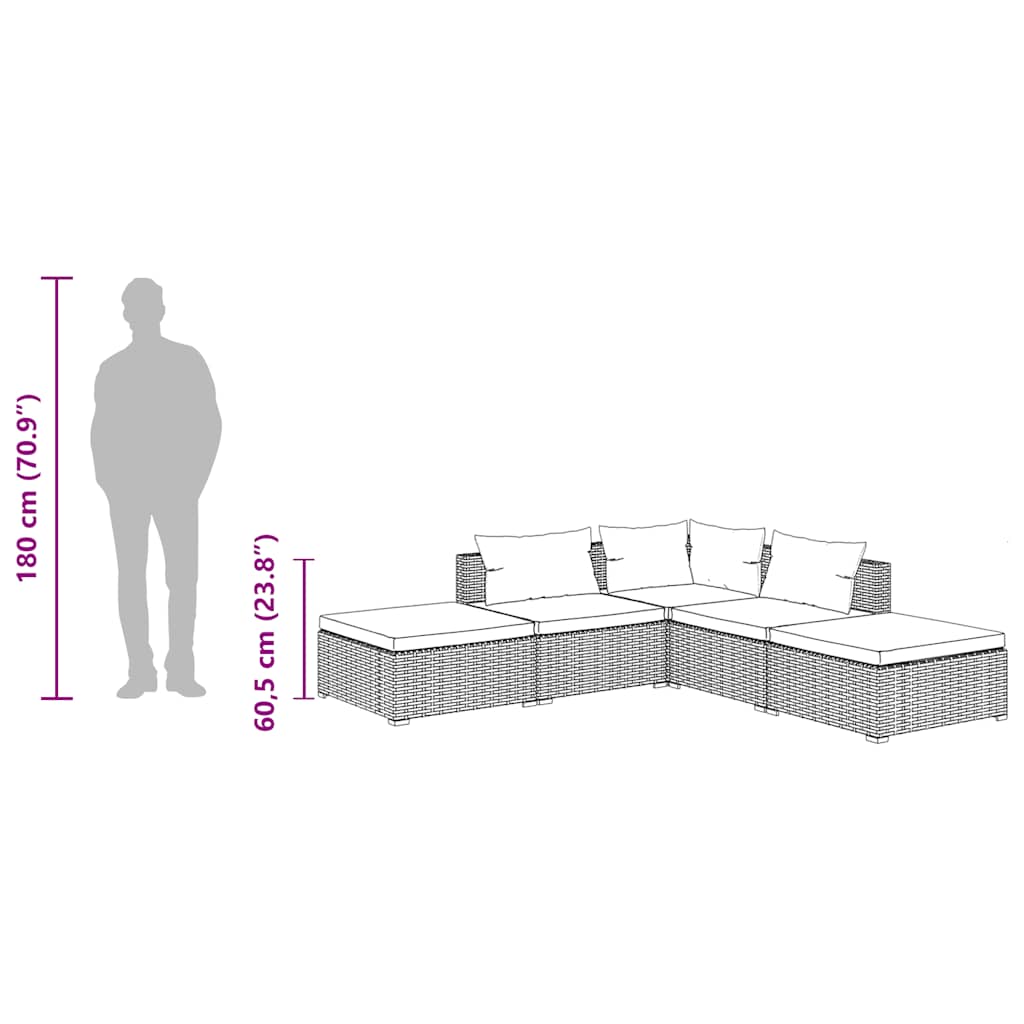 loungesæt til haven 5 dele med hynder polyrattan brun