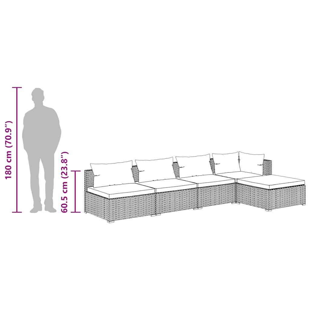 loungesæt til haven 5 dele med hynder polyrattan brun