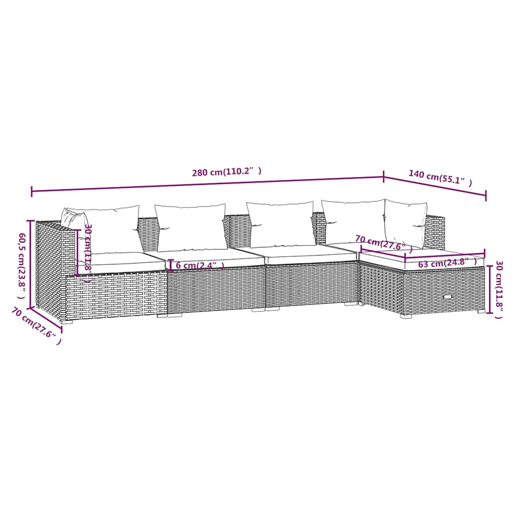 loungesæt til haven 5 dele med hynder polyrattan brun