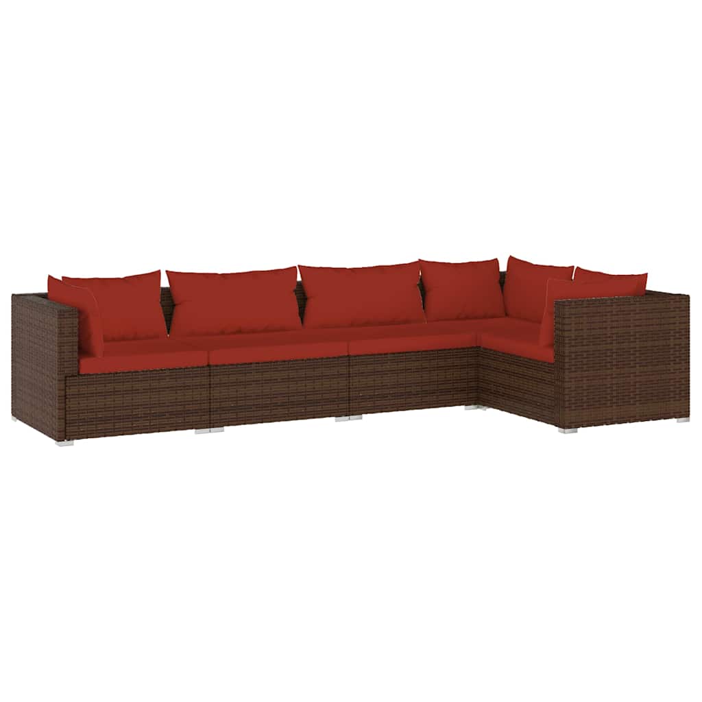 loungesæt til haven 5 dele med hynder polyrattan brun