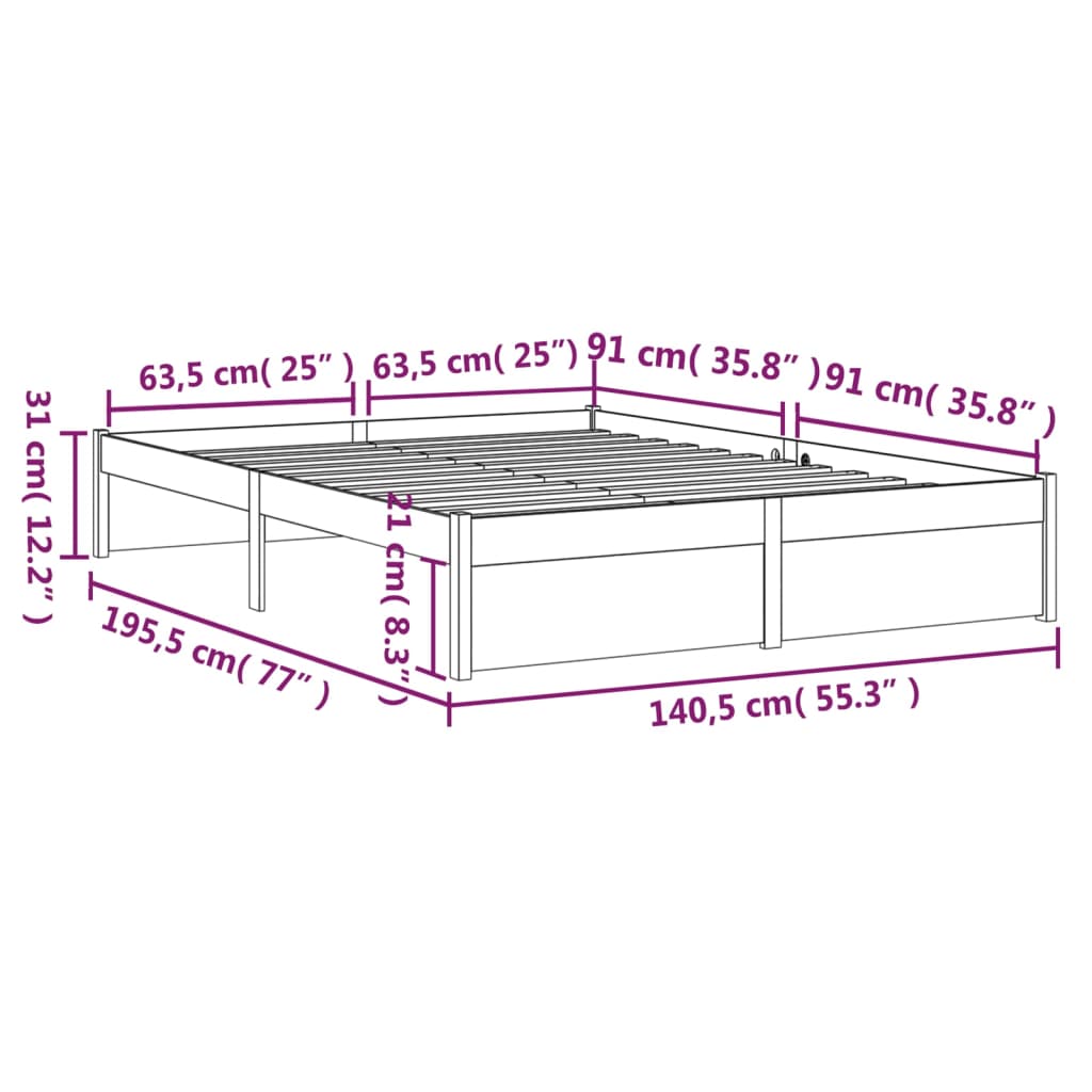 sengeramme 135x190 cm dobbelt massivt fyrretræ hvid