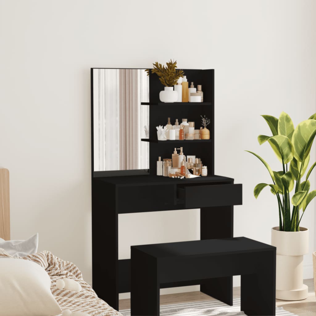 makeupbord med spejl 74,5x40x141 cm sort