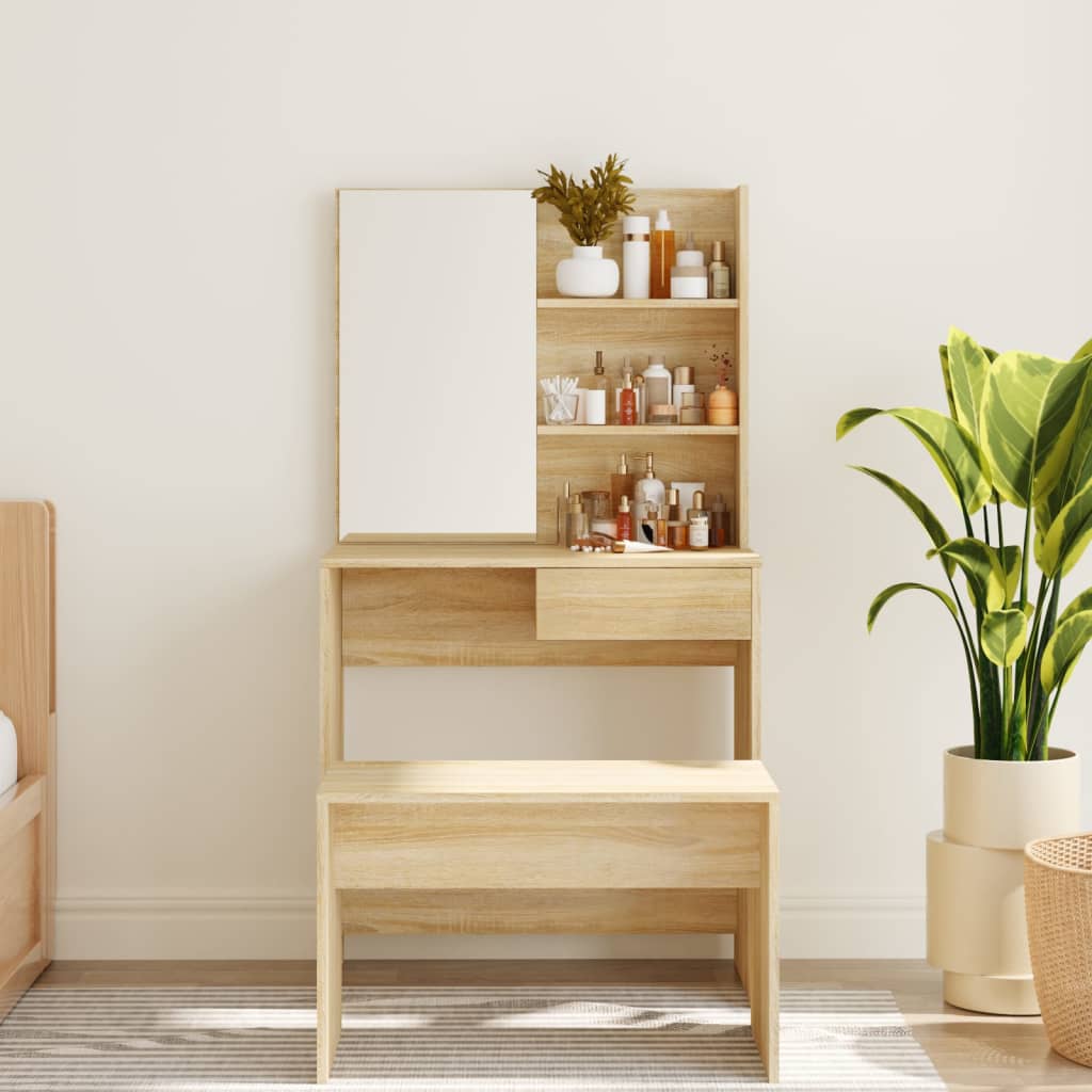 makeupbord med spejl 74,5x40x141 cm sonoma-eg