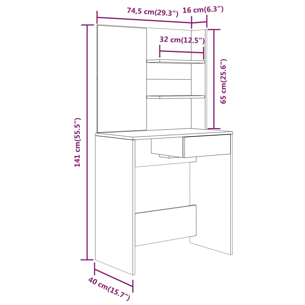 makeupbord med spejl 74,5x40x141 cm sonoma-eg