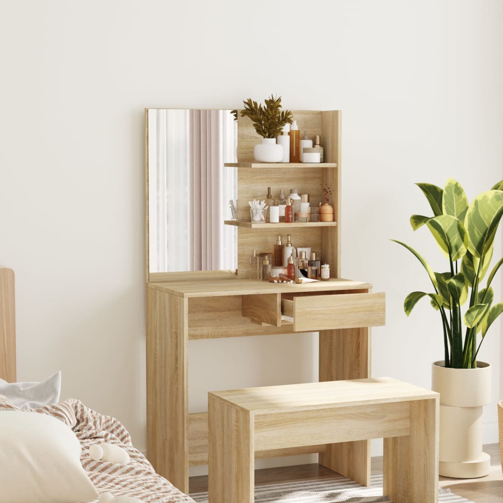 makeupbord med spejl 74,5x40x141 cm sonoma-eg