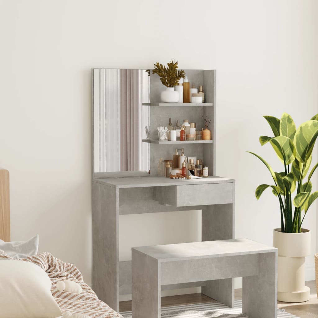 makeupbord med spejl 74,5x40x141 cm betongrå