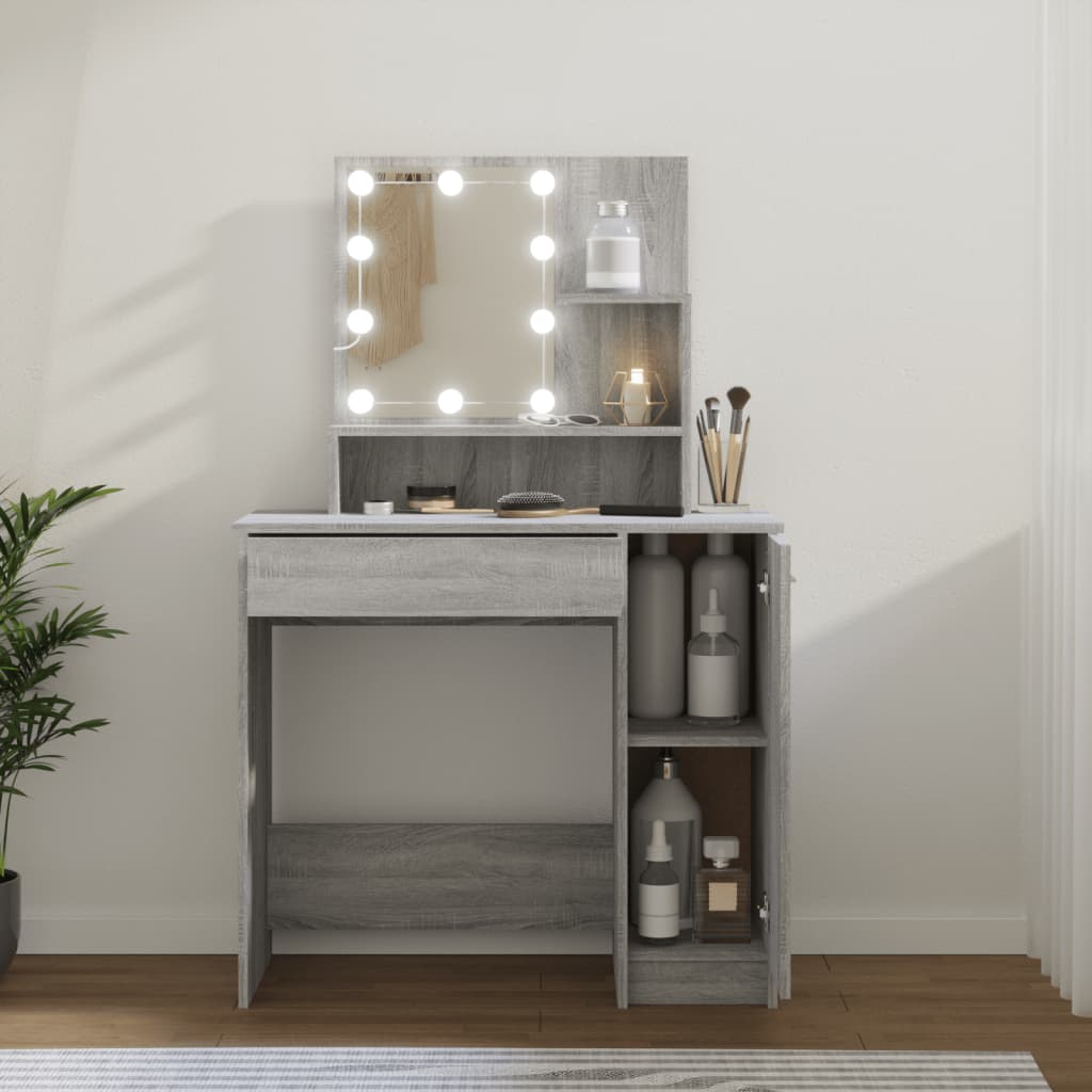makeupbord med LED-lys 86,5x35x136 cm grå sonoma-eg
