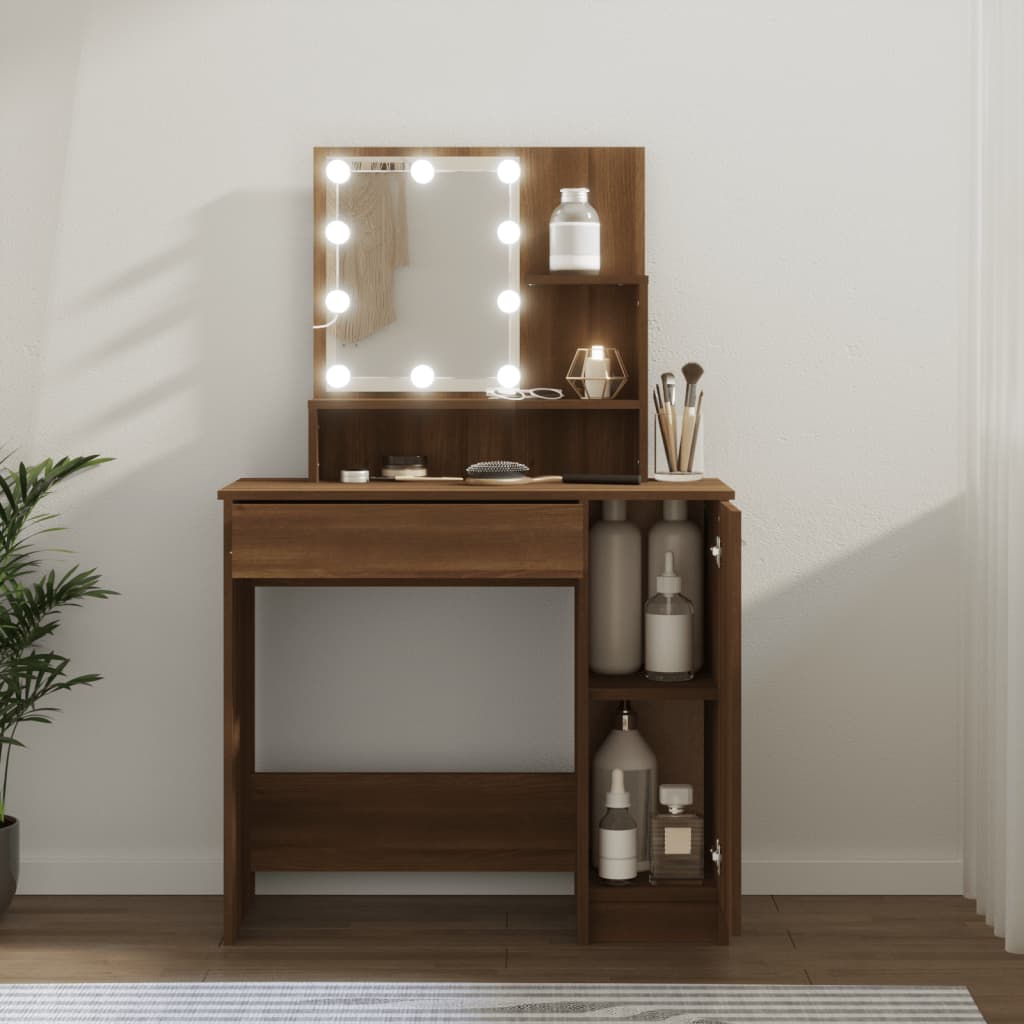 makeupbord med LED-lys 86,5x35x136 cm brun egetræsfarve