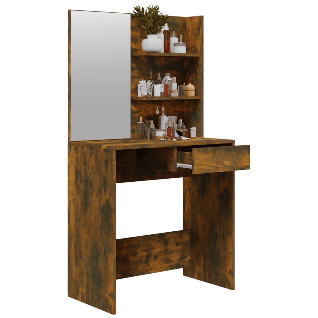 makeupbord med spejl 74,5x40x141 cm røget egetræsfarve