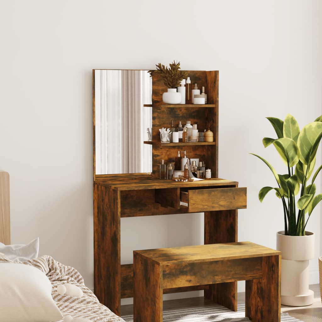 makeupbord med spejl 74,5x40x141 cm røget egetræsfarve