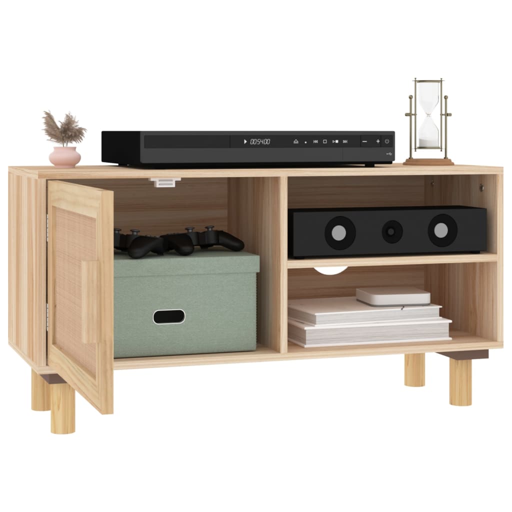 tv-bord 80x30x40 cm massivt fyrretræ og naturlig rattan brun