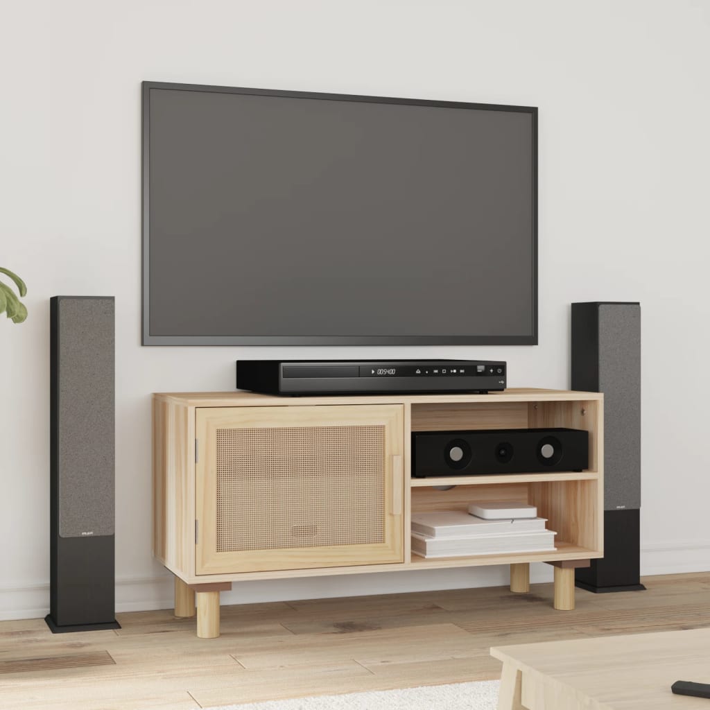 tv-bord 80x30x40 cm massivt fyrretræ og naturlig rattan brun