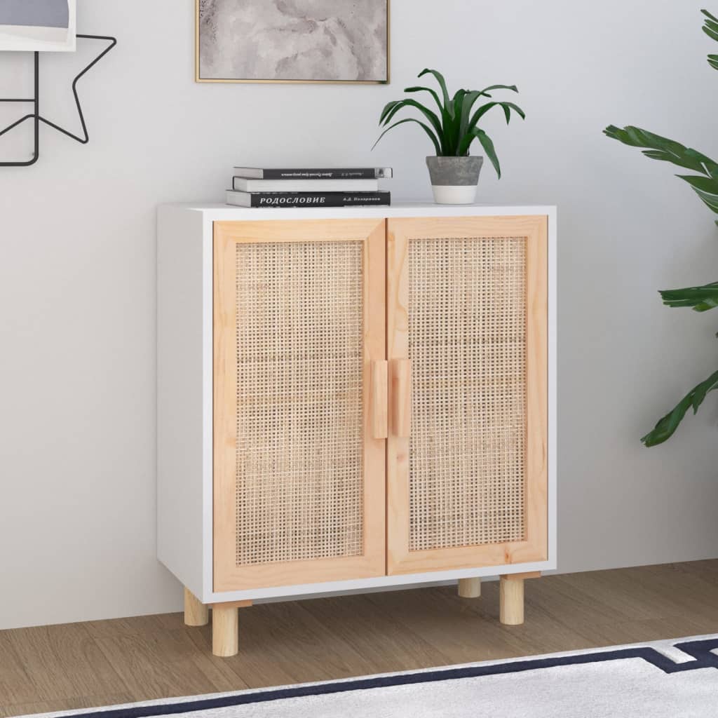 skænk 60x30x70 cm massivt fyrretræ og naturlig rattan hvid