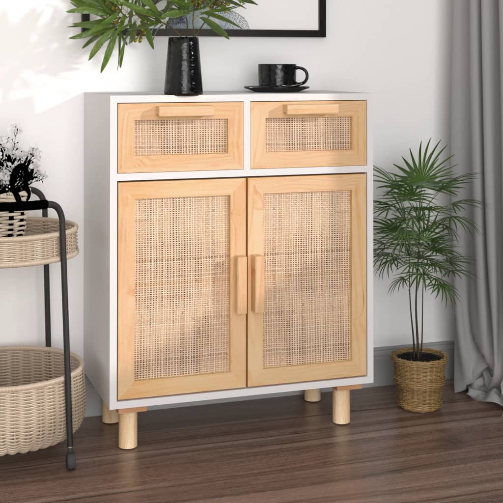 skænk 60x30x75 cm massivt fyrretræ og naturlig rattan hvid