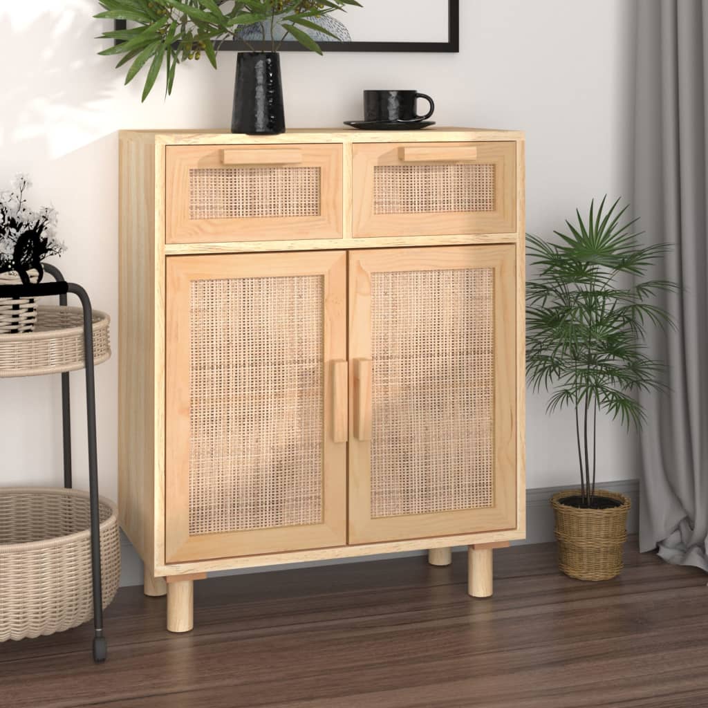 skænk 60x30x75 cm massivt fyrretræ og naturlig rattan brun