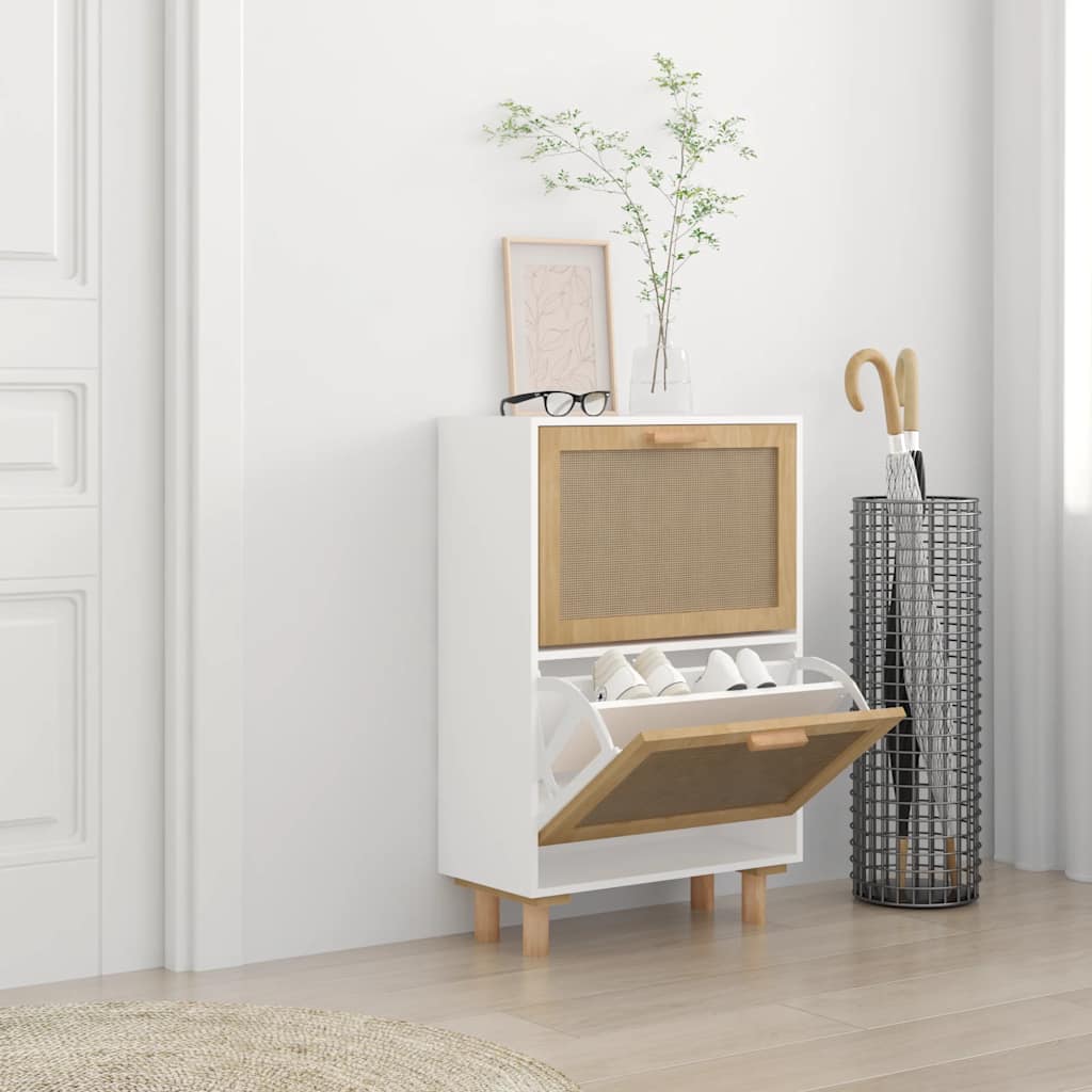 skoskab 52x25x80 cm konstrueret træ og naturlig rattan hvid