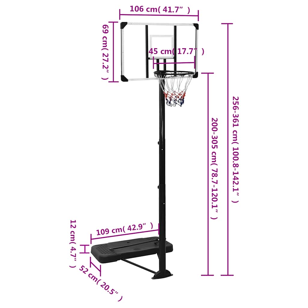 basketballstativ med plade 256-361 cm polycarbonat transparent