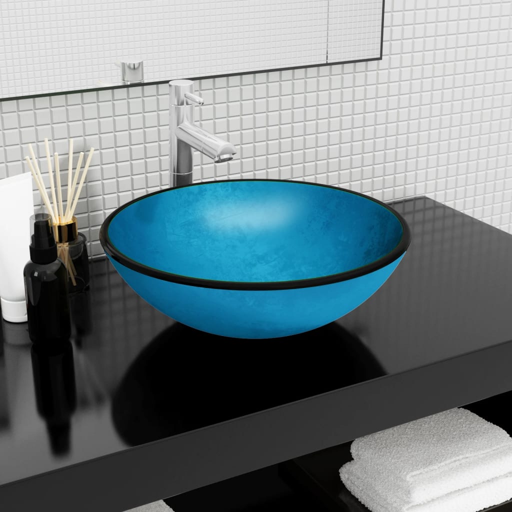 håndvask 42x14 cm hærdet glas blå