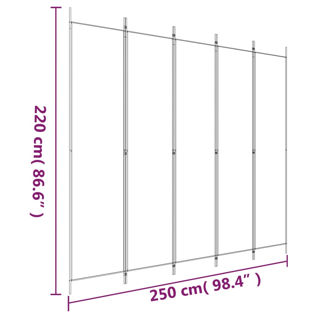 5-panels rumdeler 250x220 cm stof hvid