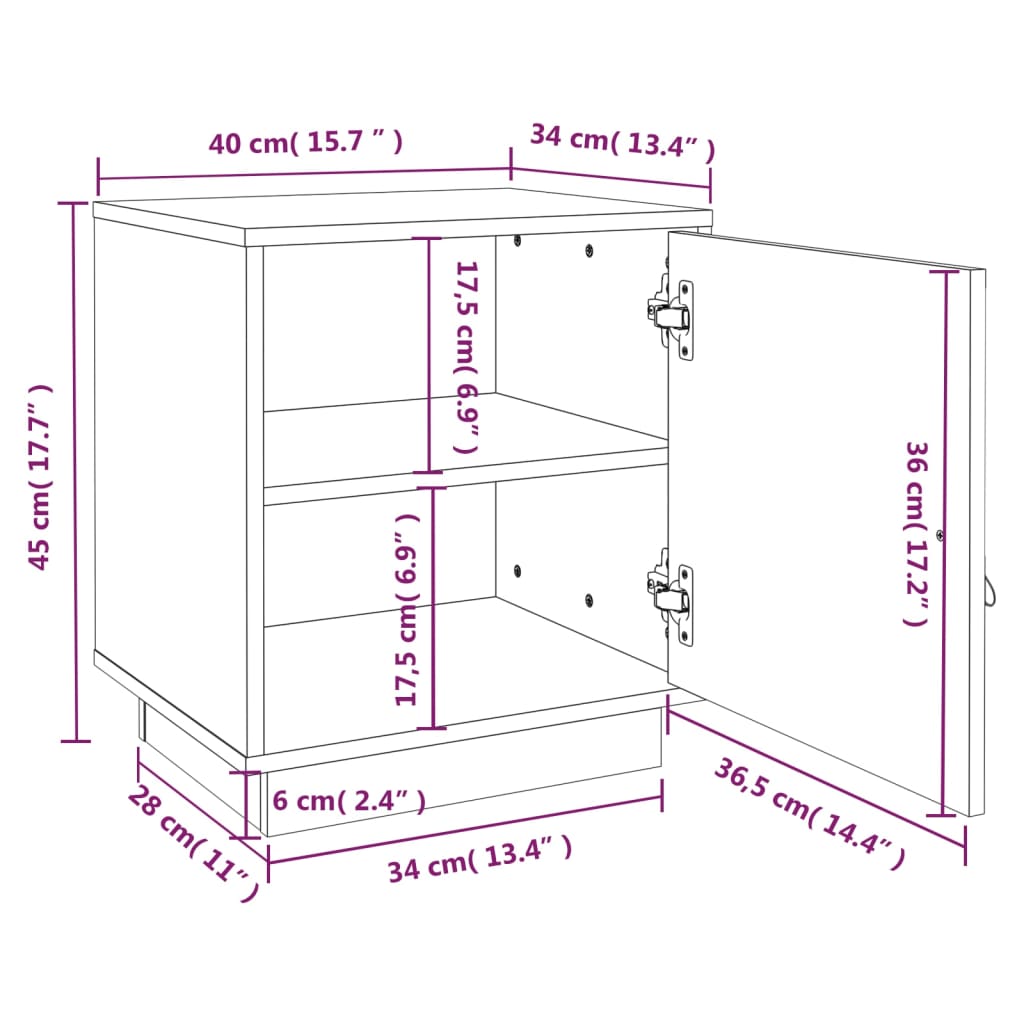 sengebord 40x34x45 cm massivt fyrretræ sort