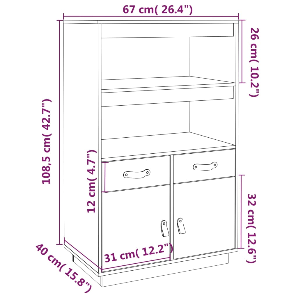 højskab 67x40x108,5 cm massivt fyrretræ gyldenbrun