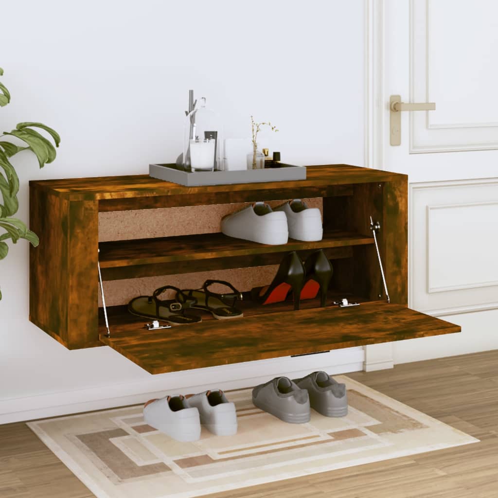 væghængt skoskab 100x35x38 cm konstrueret træ røget egetræ