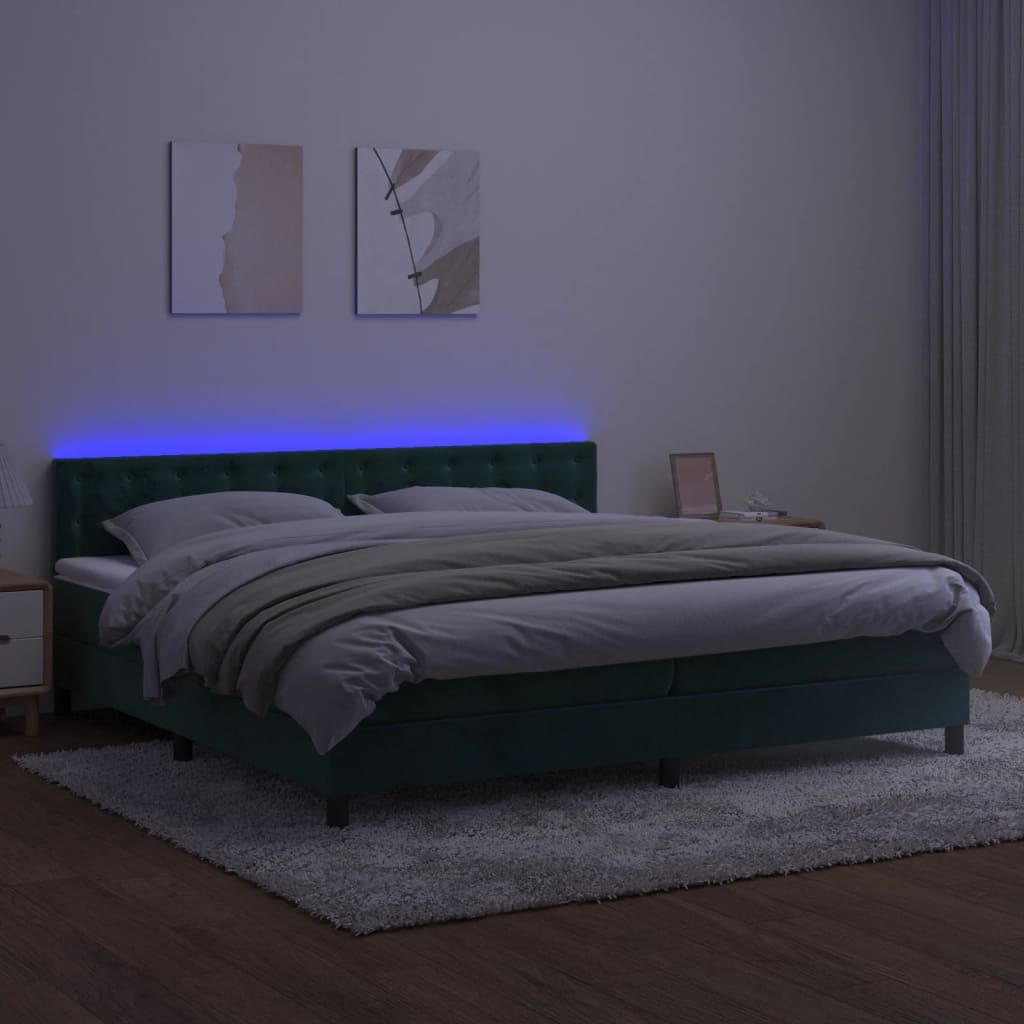 kontinentalseng med LED-lys 200x200 cm fløjl mørkegrøn
