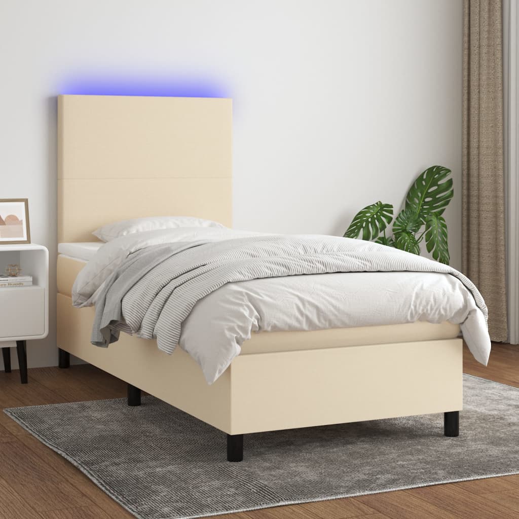 kontinentalseng med LED-lys 90x190 cm stof cremefarvet