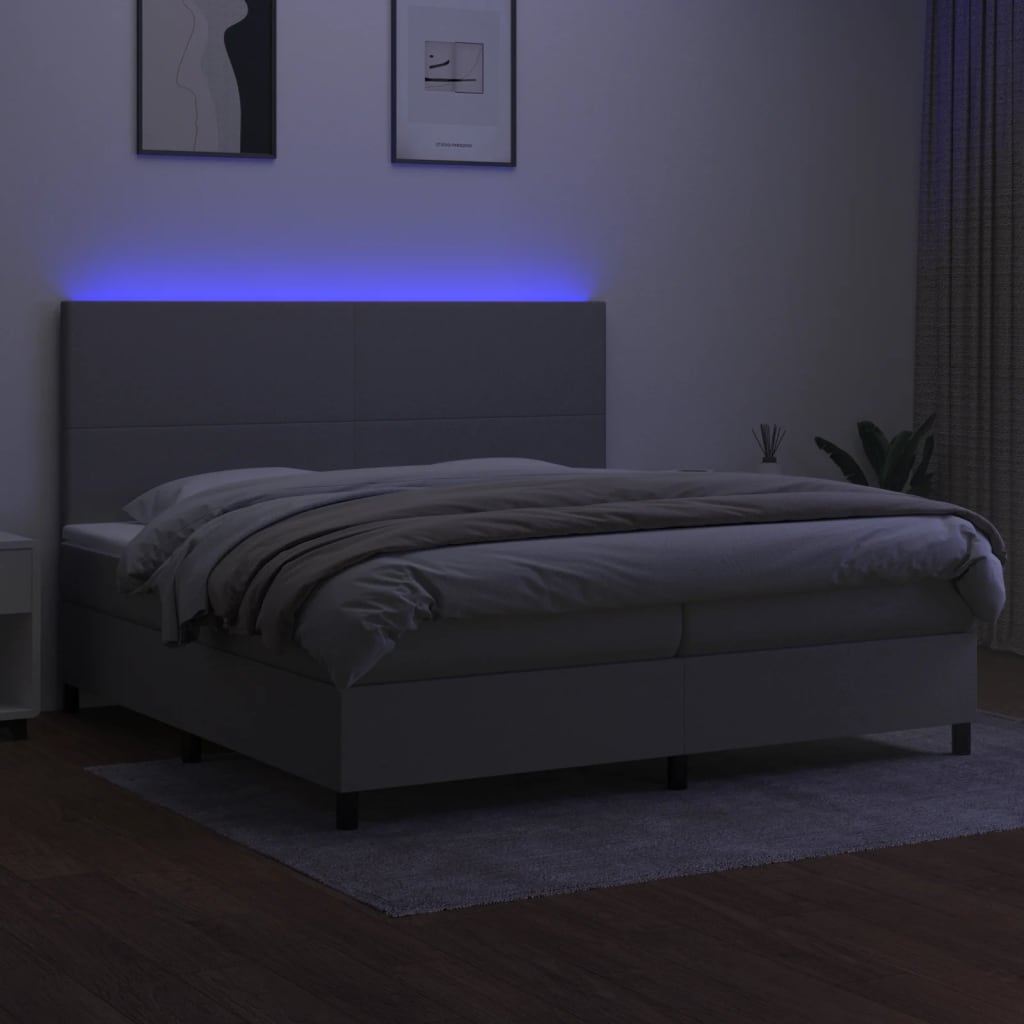 kontinentalseng med LED-lys 200x200 cm stof lysegrå