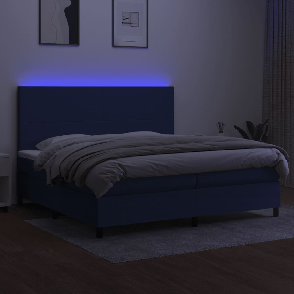 kontinentalseng med LED-lys 200x200 cm stof blå