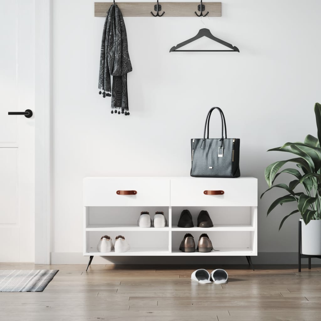 skobænk 102x35x55 cm konstrueret træ hvid højglans