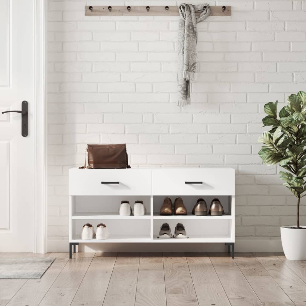 skobænk 102x35x55 cm konstrueret træ hvid højglans