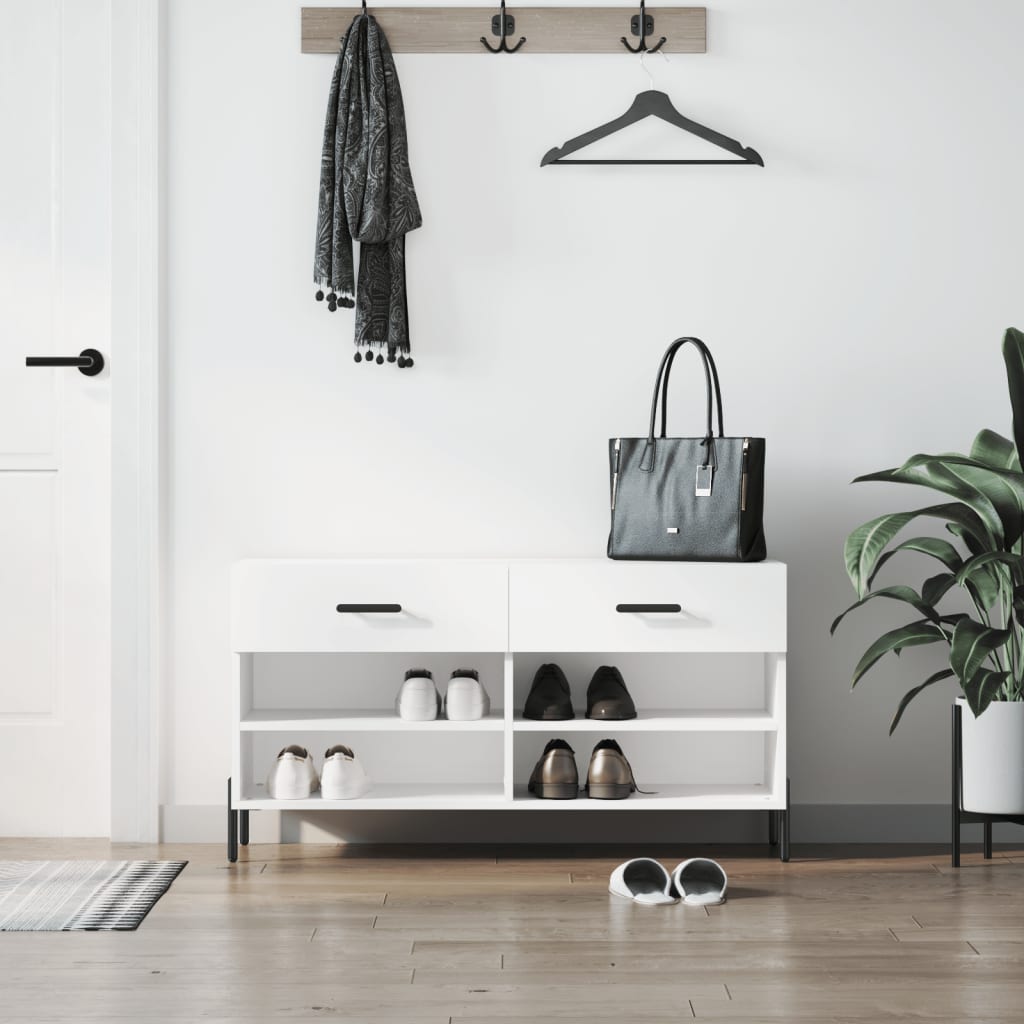 skobænk 102x35x55 cm konstrueret træ hvid højglans