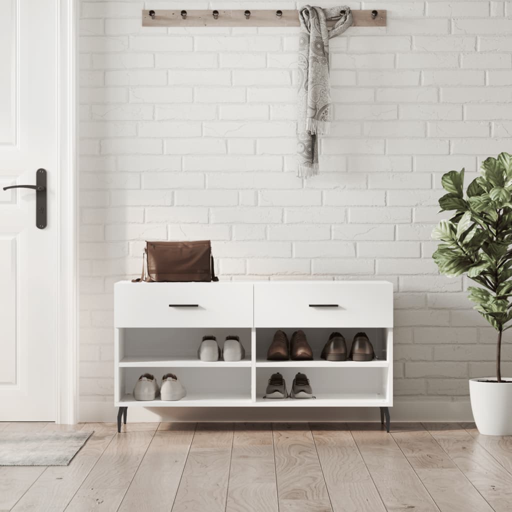 skobænk 102x35x55 cm konstrueret træ hvid højglans