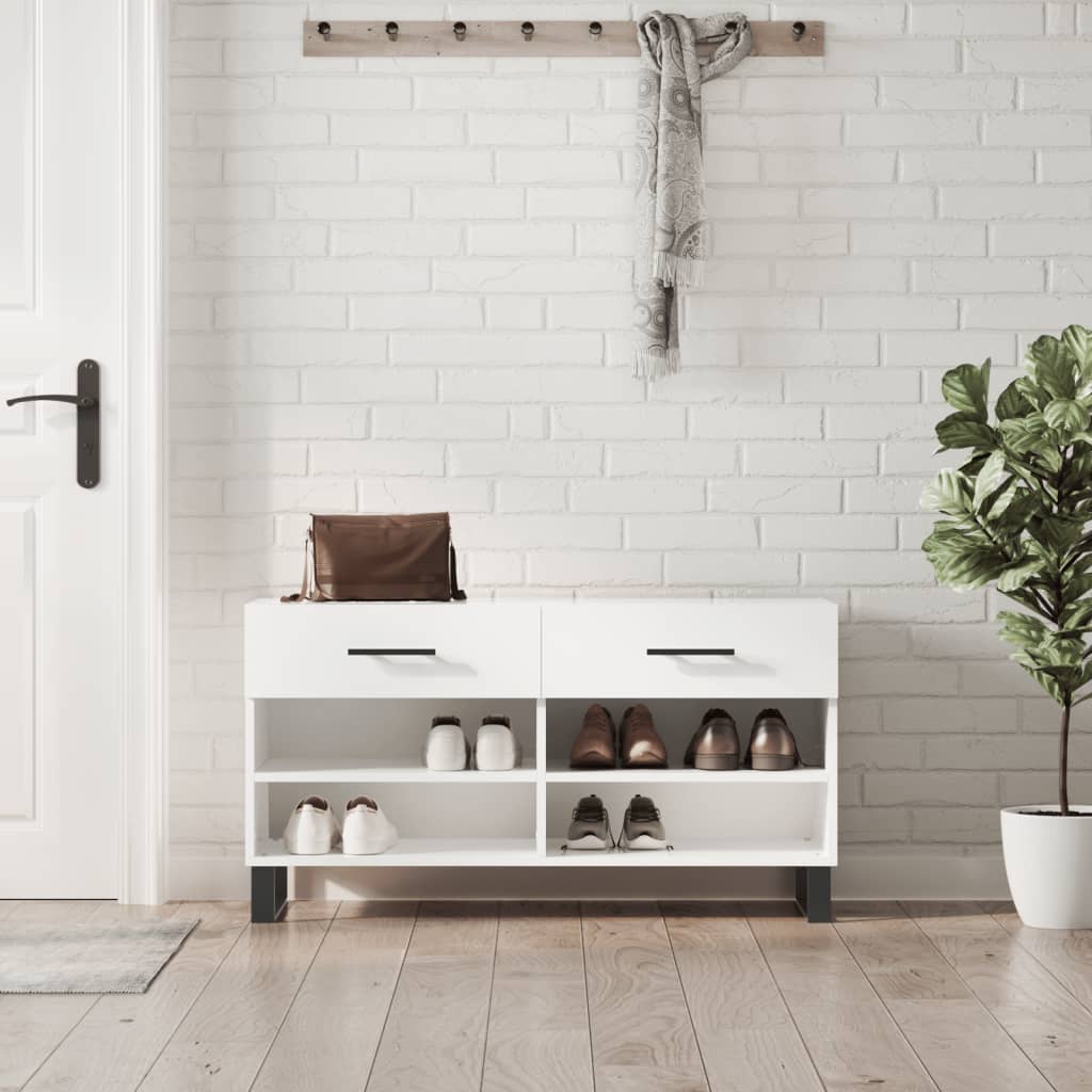 skobænk 102x35x55 cm konstrueret træ hvid højglans