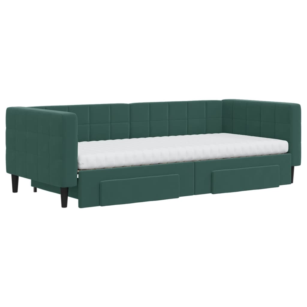 daybed med udtræk og skuffer 90x200 cm velour mørkegrøn