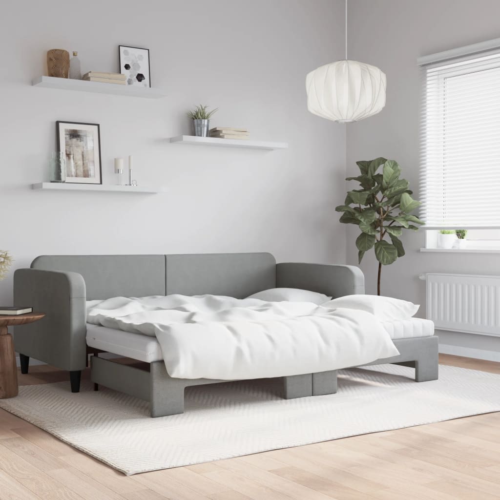 daybed med udtræk og madras 90x190 cm stof lysegrå