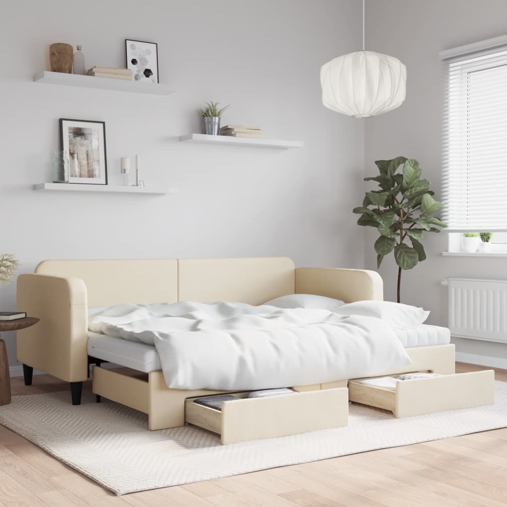 daybed med udtræk og skuffer 80x200 cm stof cremefarvet