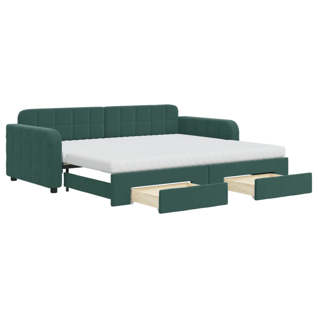 daybed med udtræk og skuffer 90x200 cm velour mørkegrøn