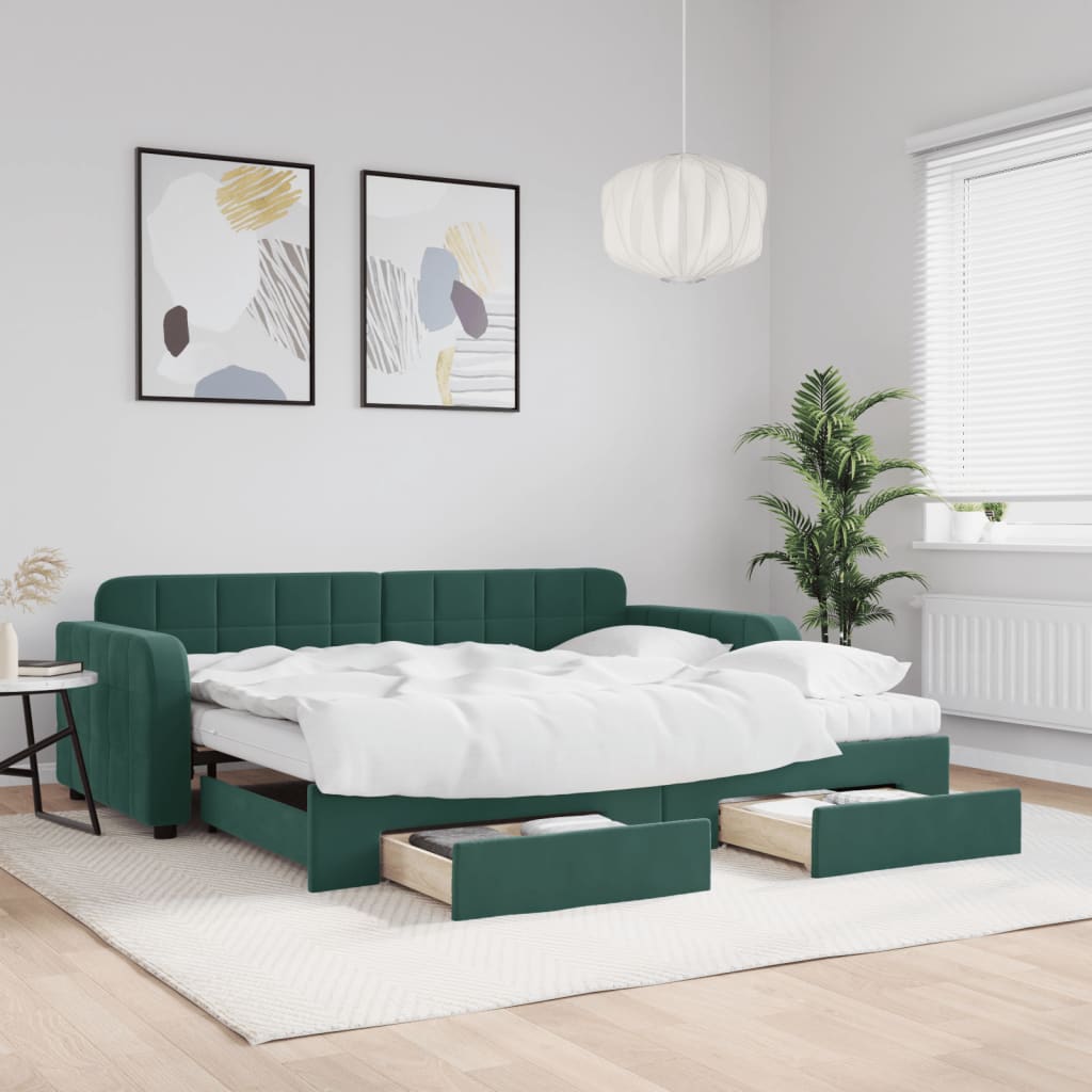 daybed med udtræk og skuffer 90x200 cm velour mørkegrøn
