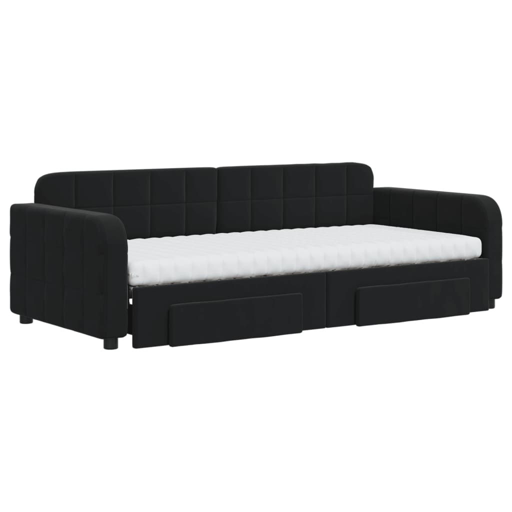 daybed med udtræk og skuffer 90x200 cm velour sort