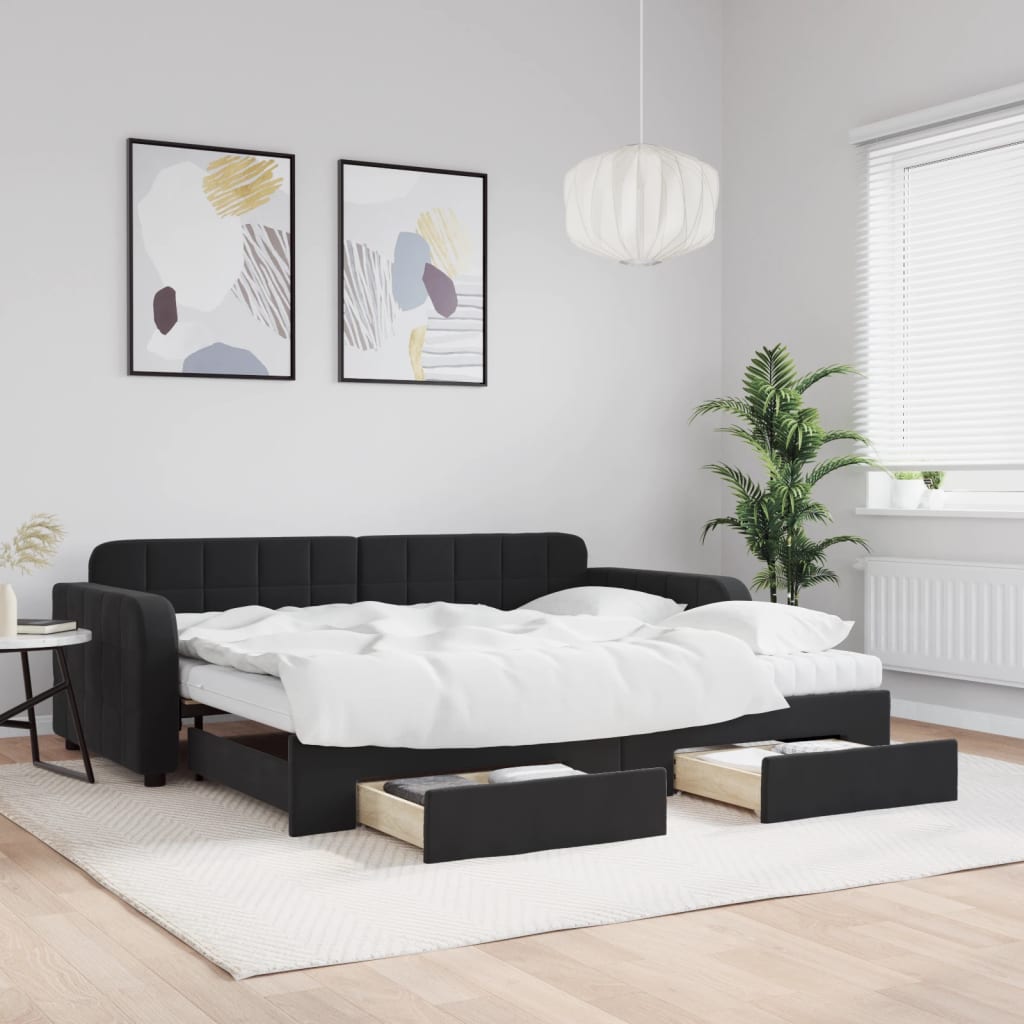 daybed med udtræk og skuffer 90x200 cm velour sort
